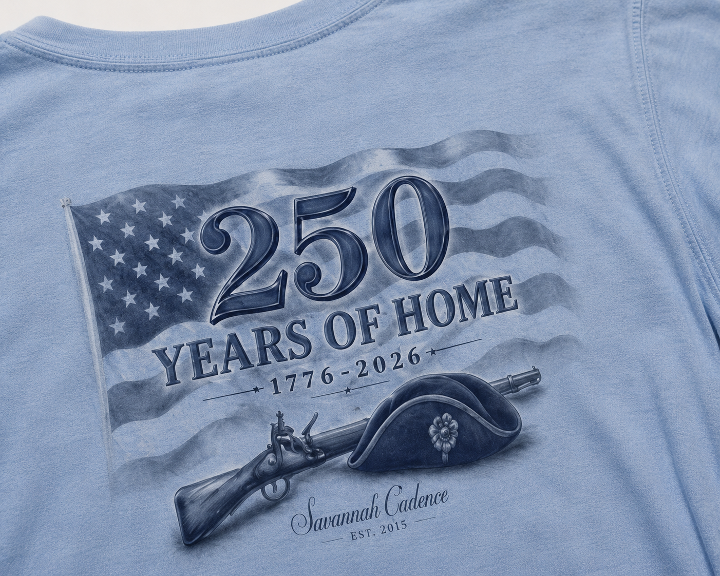 Close-up of the Savannah Cadence 250 Years of Home artwork featuring an American flag, flintlock musket, and tricorn hat