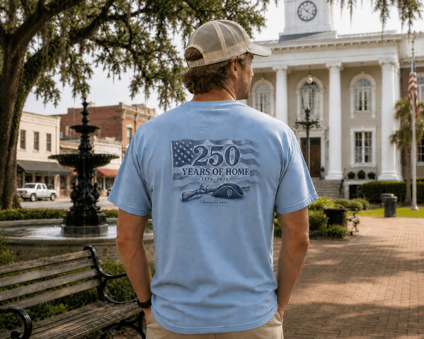 Savannah Cadence 250 Years of Home Tee worn in front of a historic Georgia courthouse celebrating America's 250th anniversary