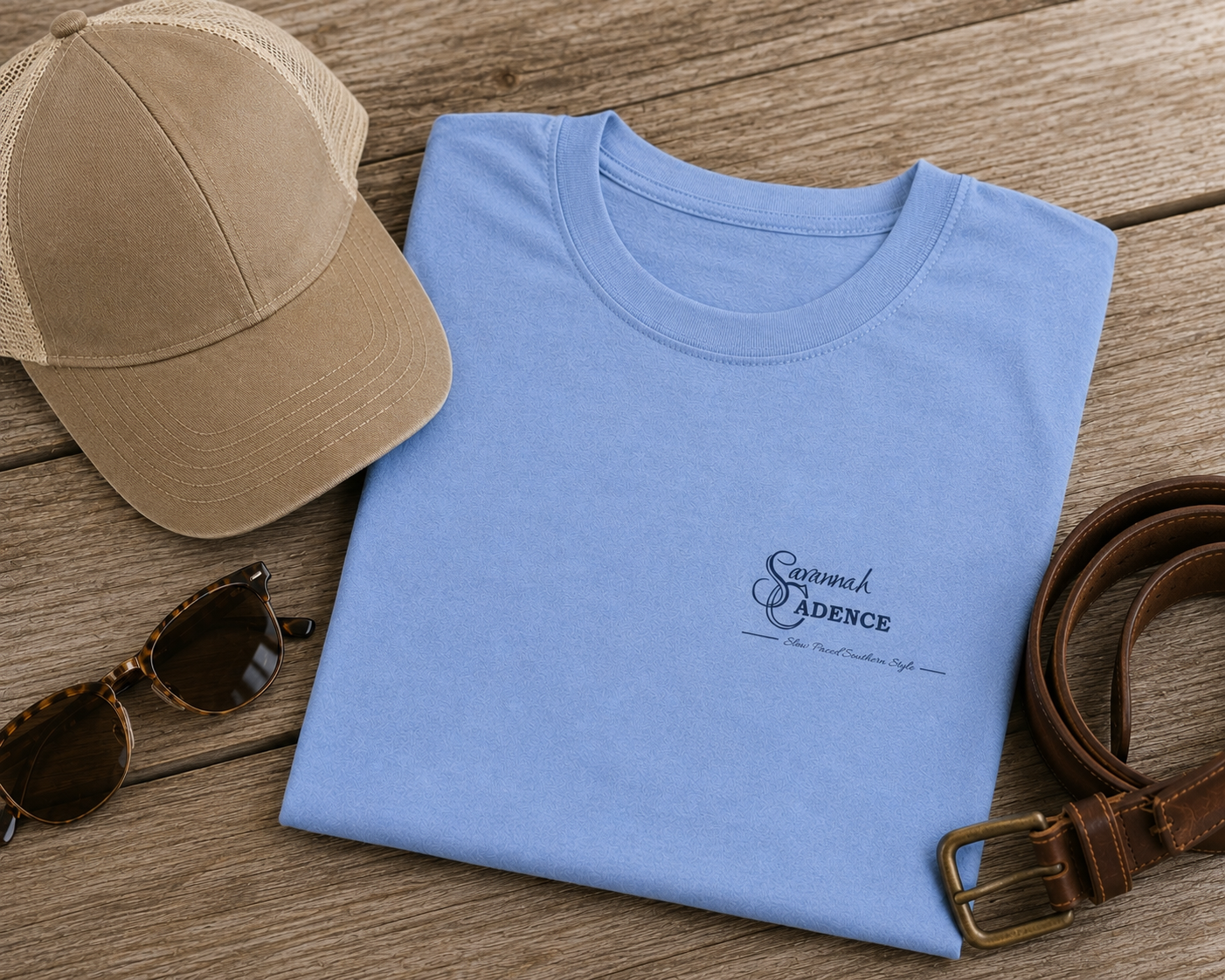 Savannah Cadence 250 Years of Home Tee styled flat lay featuring the left chest logo and Southern-inspired branding