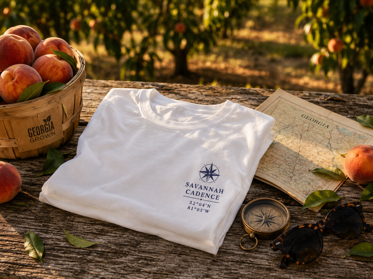 Folded Savannah Cadence This Is Home t-shirt with a Georgia road map, vintage compass, peaches, and sunglasses on a weathered picnic table.