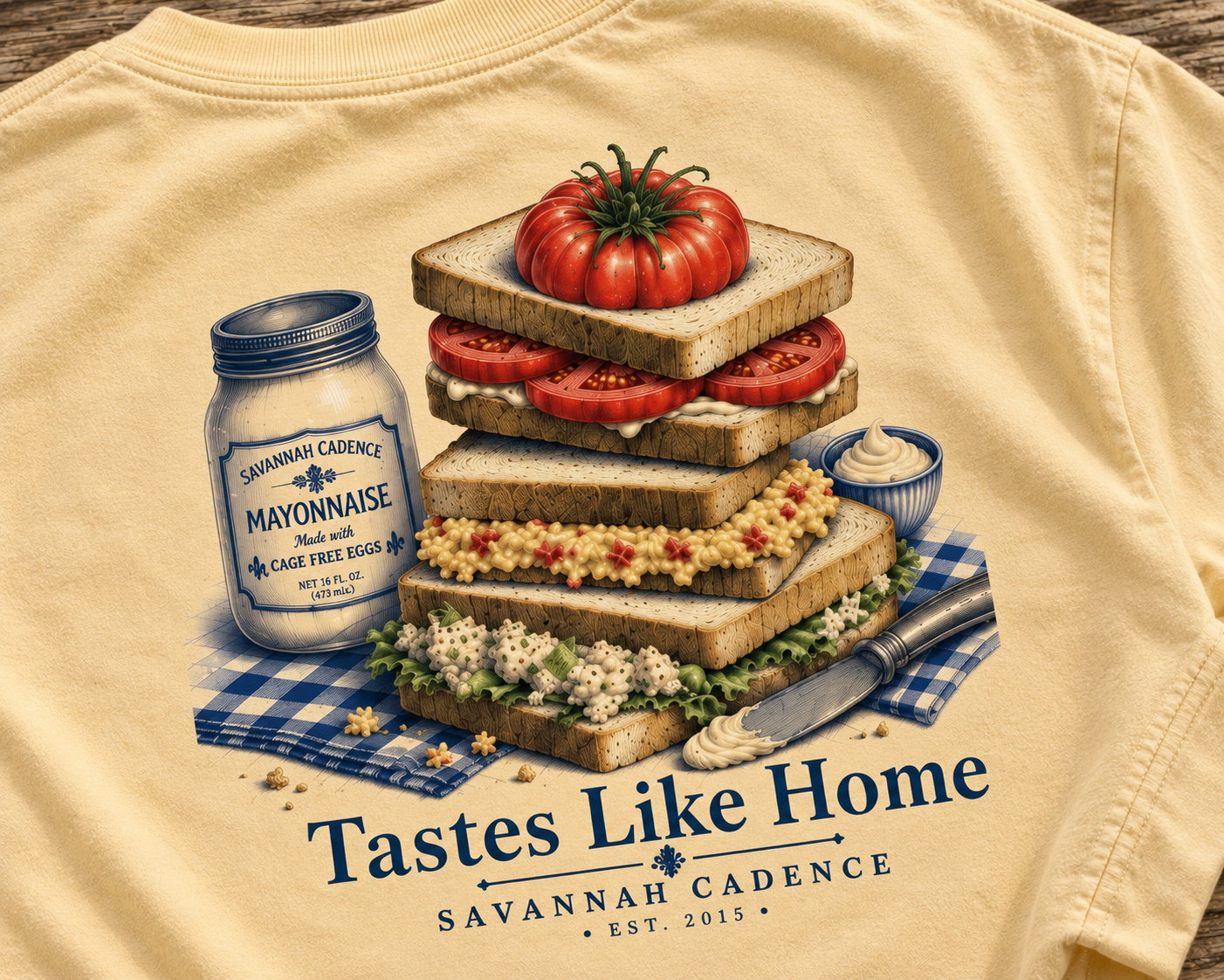 Close-up of the Savannah Cadence Tastes Like Home artwork featuring tomato, pimento cheese, and chicken salad sandwiches.