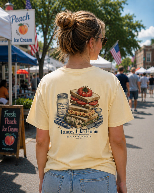 Woman wearing the Savannah Cadence Tastes Like Home Tee featuring vintage Southern sandwich artwork on a premium soft shirt.