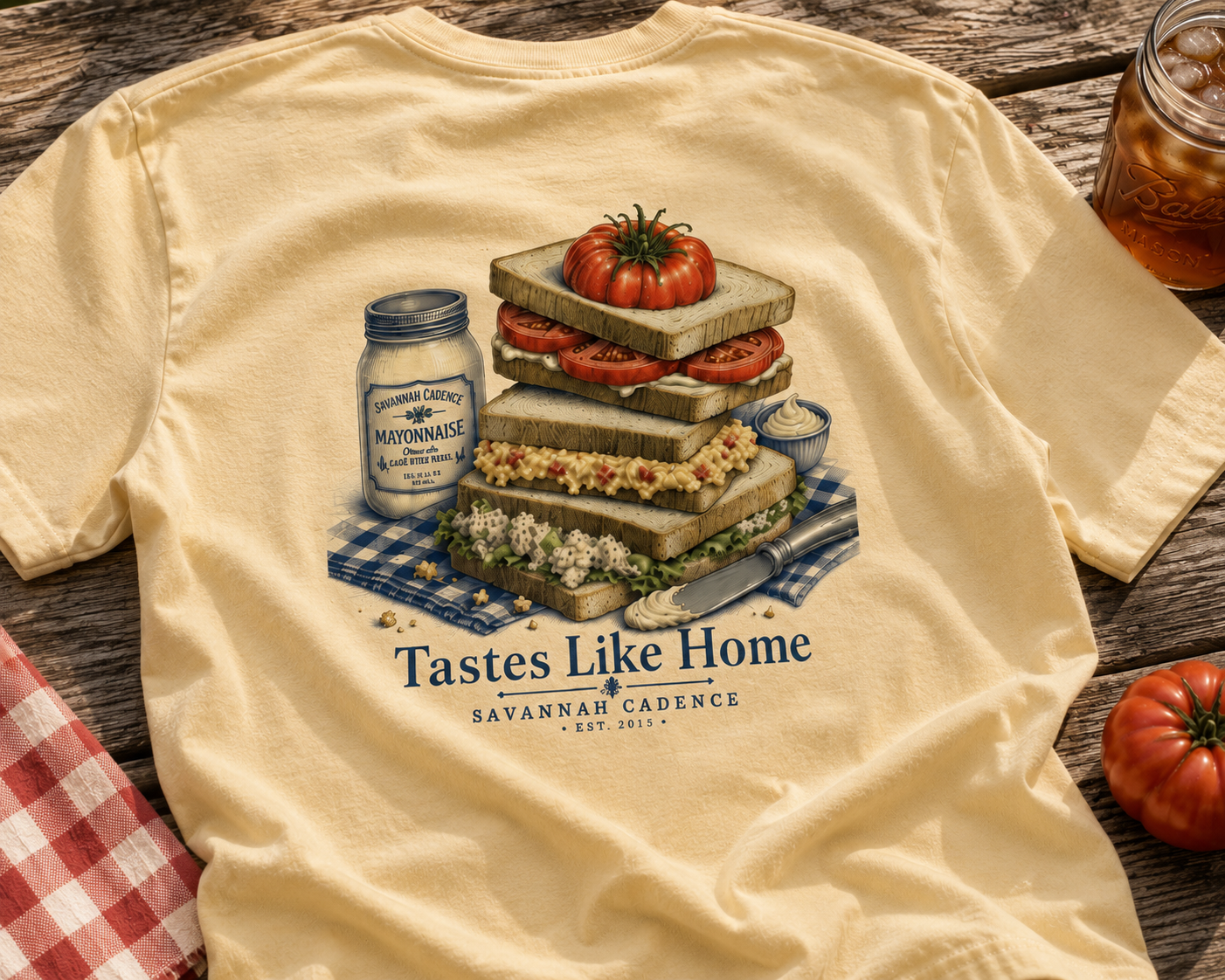 Savannah Cadence Tastes Like Home Tee displayed on a weathered picnic table with a Southern picnic setting featuring vintage sandwich artwork.
