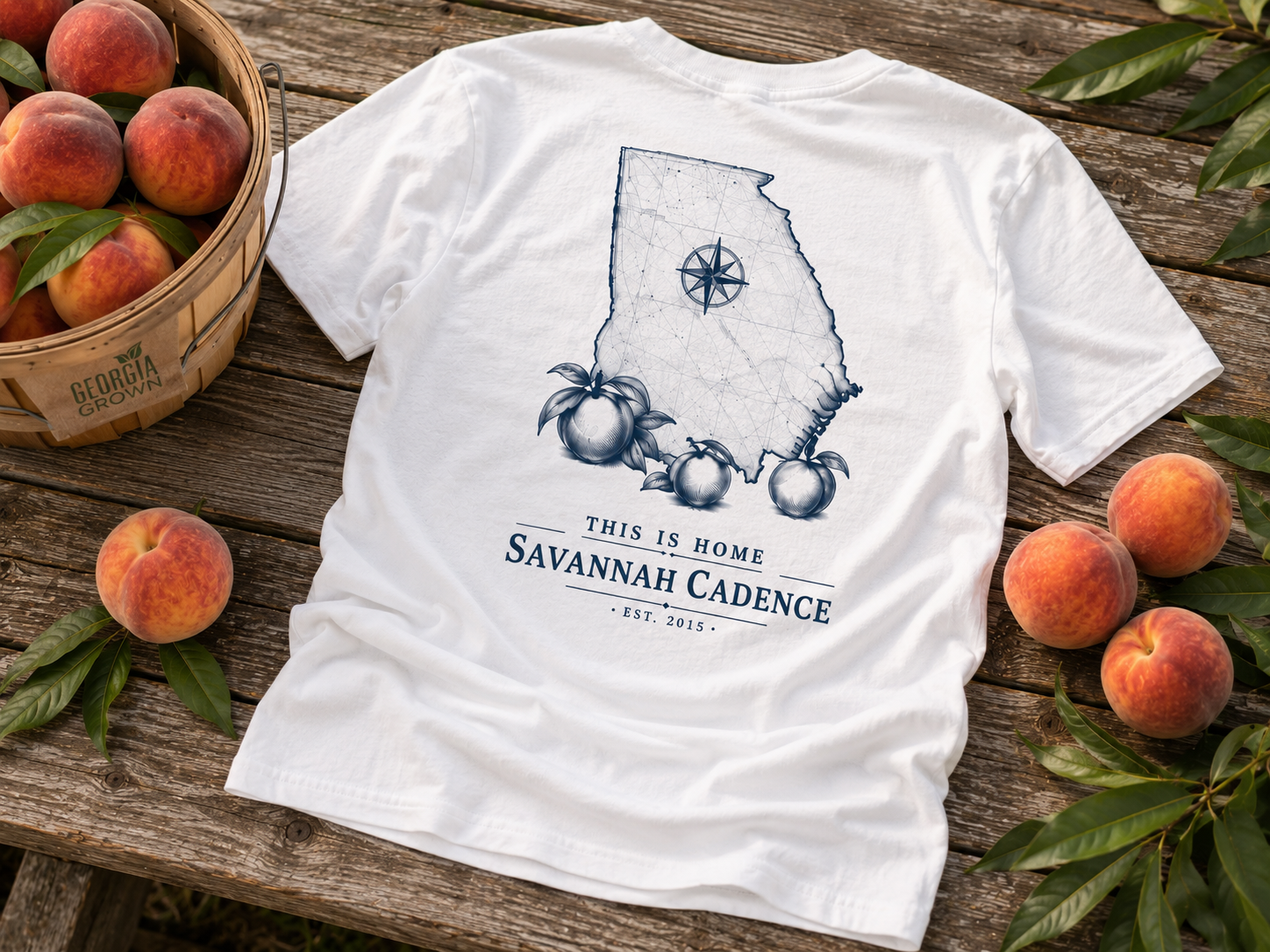 Full back view of the Savannah Cadence This Is Home artwork on a white Next Level 6210 t-shirt.